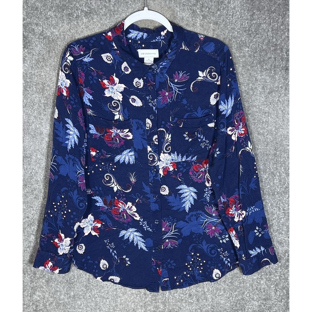 Liz Claiborne Button Up Top Womens Sz XL Blue Floral Roll Tab Sleeve Pockets